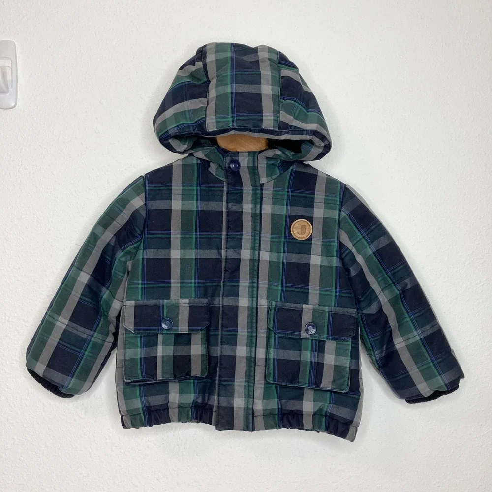 Jacadi Paris Hooded Puffer Jacket Navy &‎ Green Plaid Winter Outerwear 18 Months